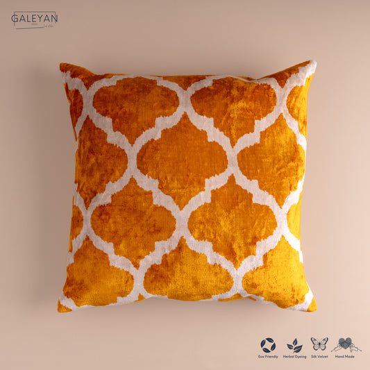 Silk Velvet Ikat Cushion – Off White /Saffron Gold