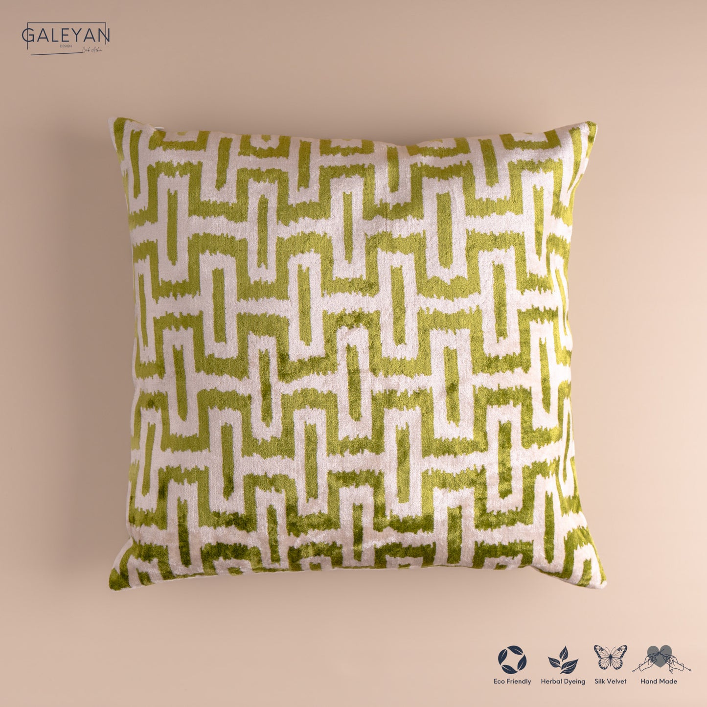 Silk Velvet Ikat Cushion – Off White /Pistachio Green