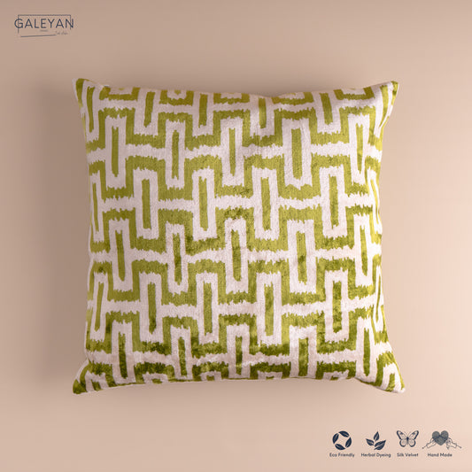 Silk Velvet Ikat Cushion – Off White /Pistachio Green