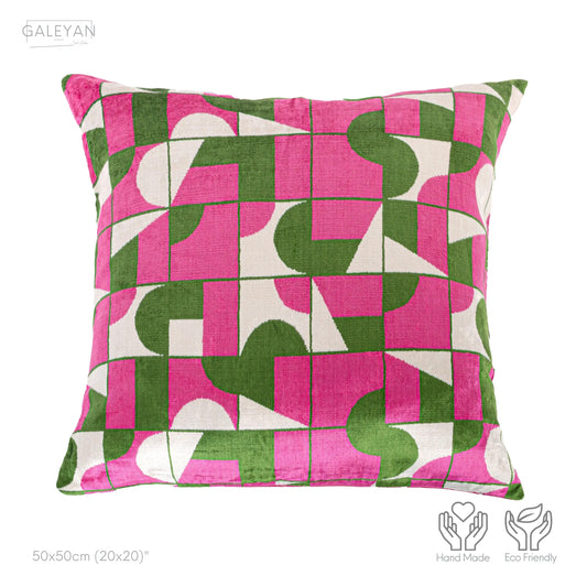 Luxury handmade ikat velvet pillow cover Pink & Green & White