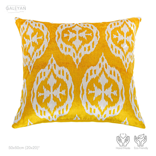 Luxury handmade ikat velvet pillow cover Yellow & White