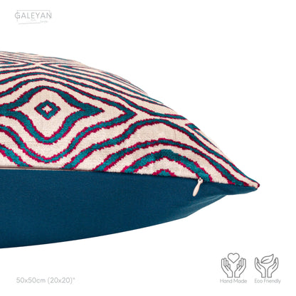Luxury handmade ikat velvet pillow cover Turquoise Blue & Red & White