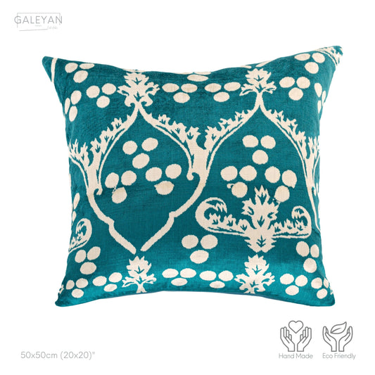 Luxury handmade ikat velvet pillow cover Turquoise Blue & White
