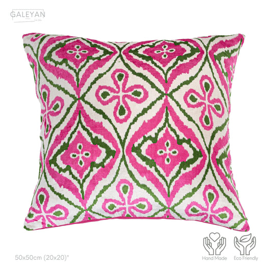 Luxury handmade ikat velvet pillow cover Pink & Green & White