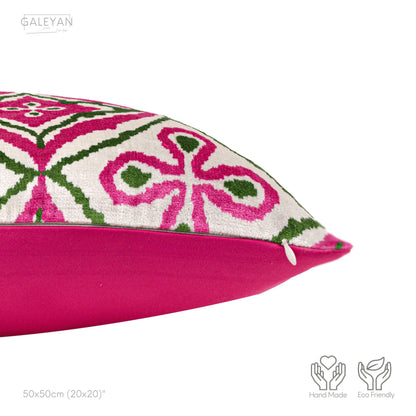 Luxury handmade ikat velvet pillow cover Pink & Green & White