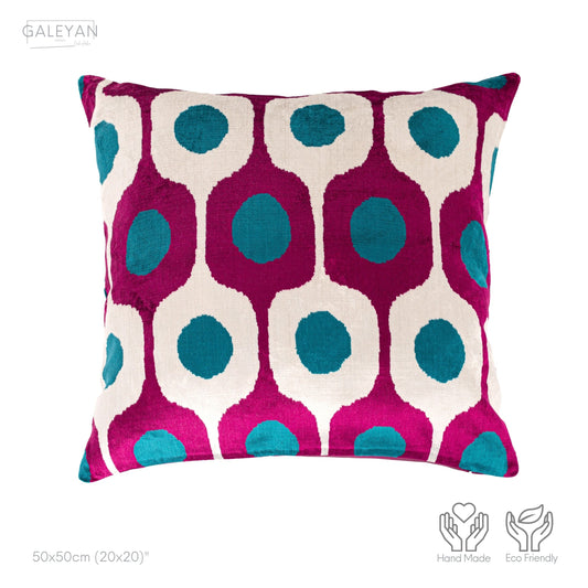 Luxury handmade ikat velvet pillow cover Fuchsia & Turquoise Blue & White