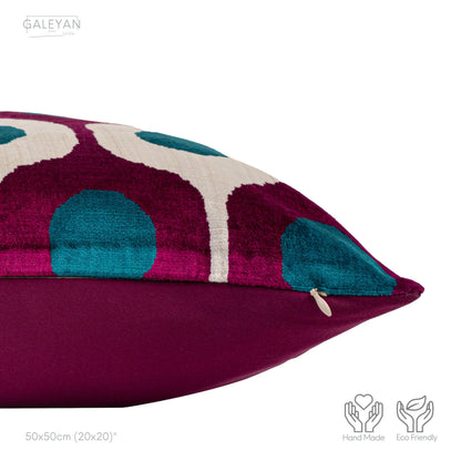 Luxury handmade ikat velvet pillow cover Fuchsia & Turquoise Blue & White