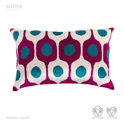 Luxury handmade ikat velvet pillow cover Fuchsia & Turquoise Blue & White