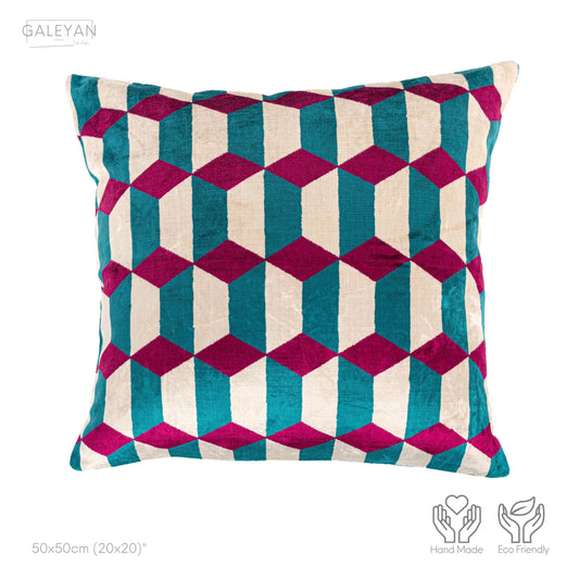 Luxury handmade ikat velvet pillow cover Fuchsia & Turquoise Blue & White