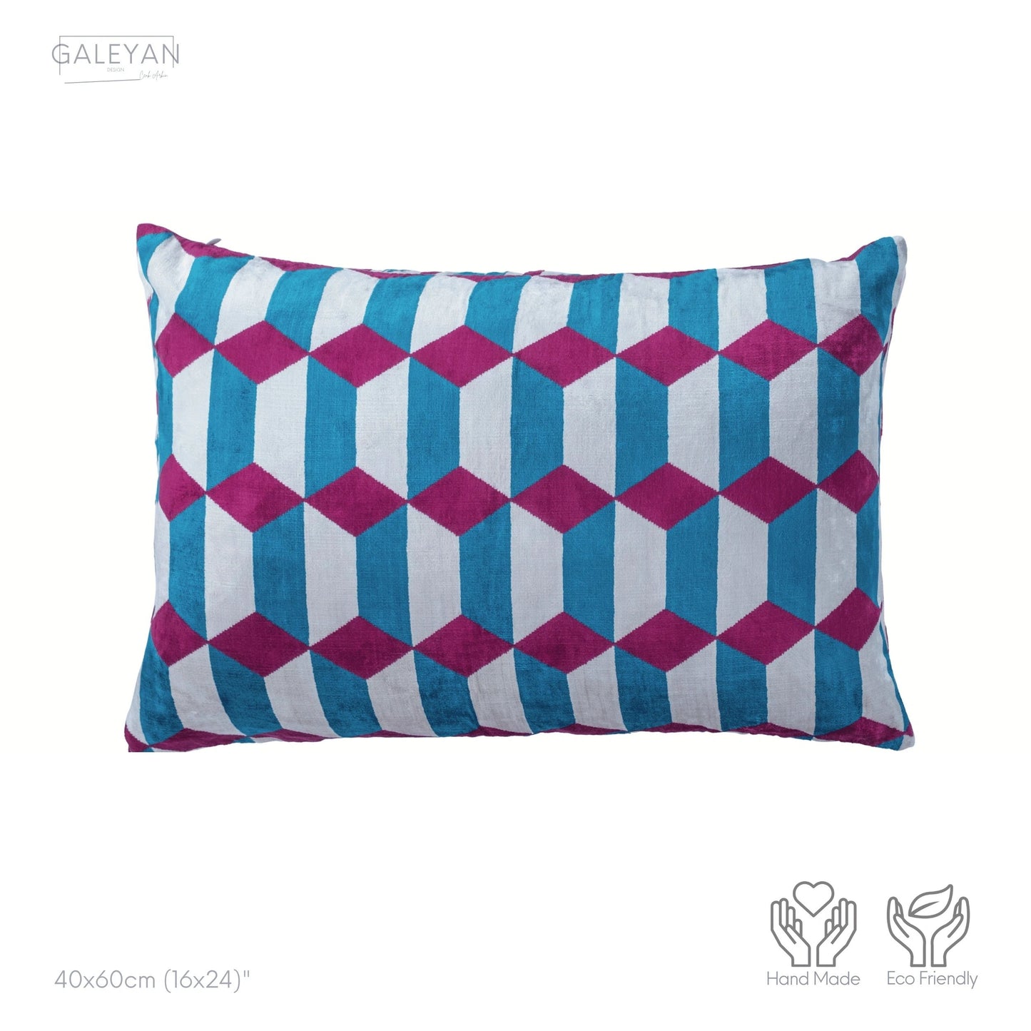 Luxury handmade ikat velvet pillow cover Fuchsia & Turquoise Blue & White