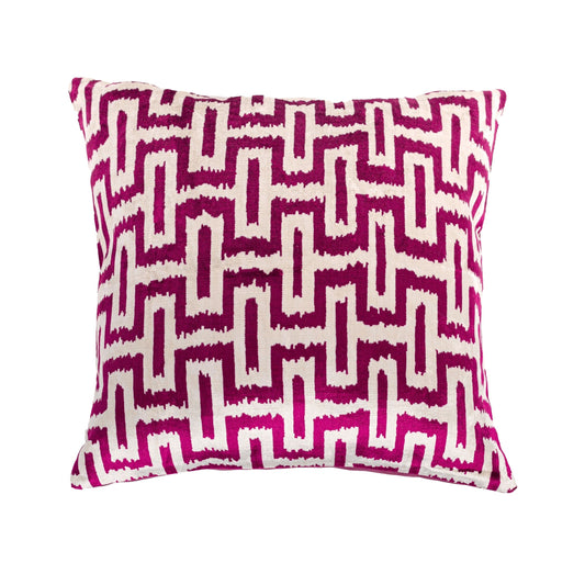 Luxury handmade ikat velvet pillow cover Fuchsia & White