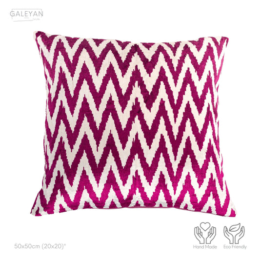 Luxury handmade ikat velvet pillow cover Fuchsia & White