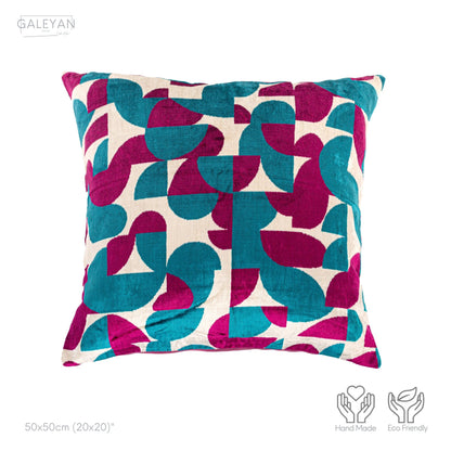 Luxury handmade ikat velvet pillow cover Fuchsia & Turquoise Blue & White
