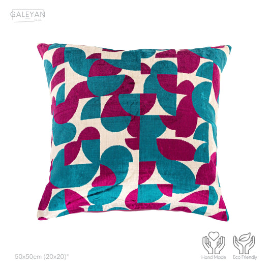 Luxury handmade ikat velvet pillow cover Fuchsia & Turquoise Blue & White