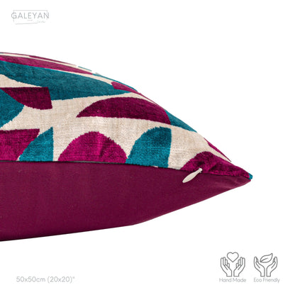 Luxury handmade ikat velvet pillow cover Fuchsia & Turquoise Blue & White
