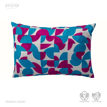 Luxury handmade ikat velvet pillow cover Fuchsia & Turquoise Blue & White