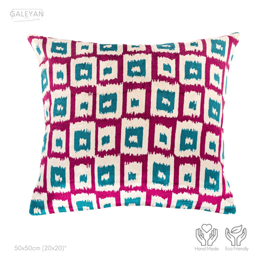 Luxury handmade ikat velvet pillow cover Fuchsia & Turquoise Blue & White