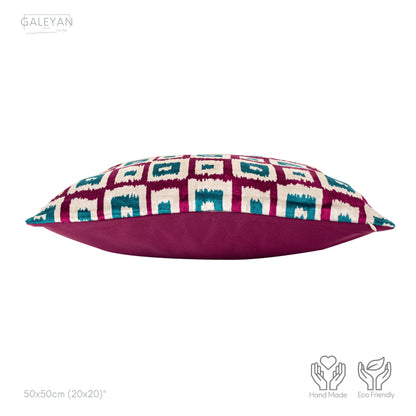 Luxury handmade ikat velvet pillow cover Fuchsia & Turquoise Blue & White