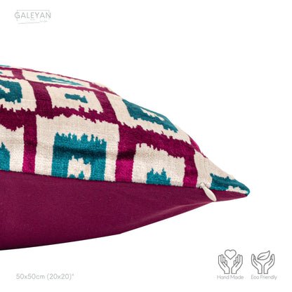 Luxury handmade ikat velvet pillow cover Fuchsia & Turquoise Blue & White