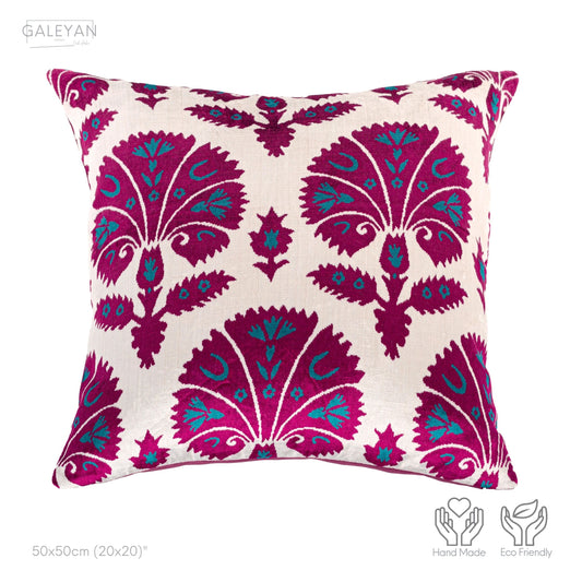 Luxury handmade ikat velvet pillow cover Fuchsia & Turquoise Blue & White