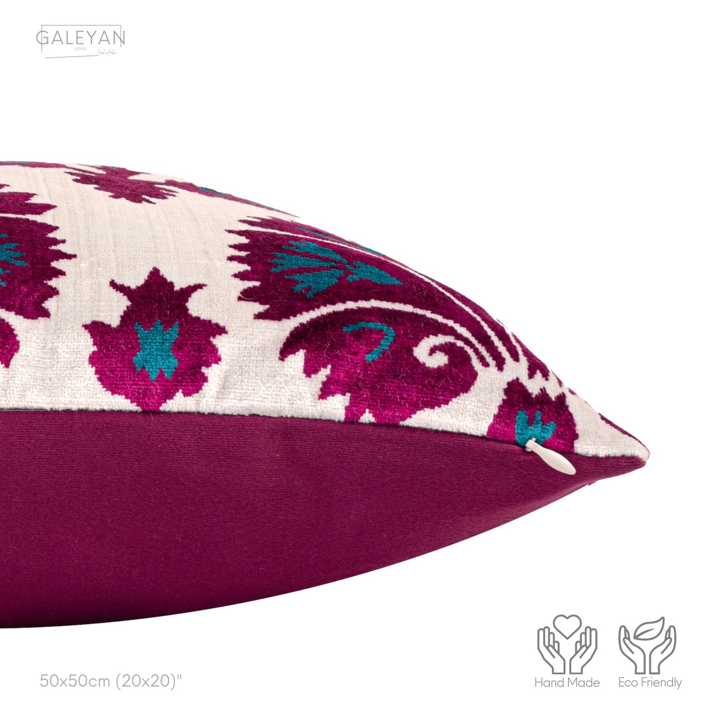 Luxury handmade ikat velvet pillow cover Fuchsia & Turquoise Blue & White