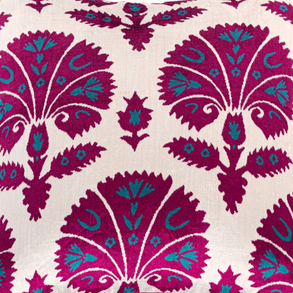 Luxury handmade ikat velvet pillow cover Fuchsia & Turquoise Blue & White