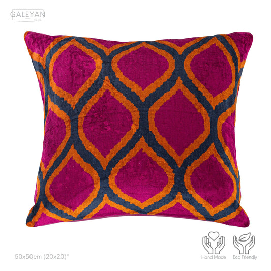 Luxury handmade ikat velvet pillow cover Fuchsia & Orange & Navy