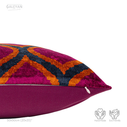 Luxury handmade ikat velvet pillow cover Fuchsia & Orange & Navy