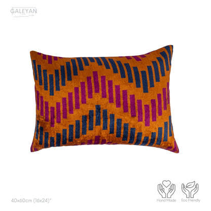 Luxury handmade ikat velvet pillow cover Fuchsia & Orange & Navy