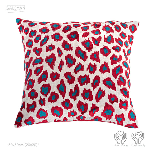 Luxury handmade ikat velvet pillow cover Turquoise Blue & Red & White