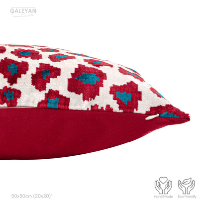 Luxury handmade ikat velvet pillow cover Turquoise Blue & Red & White