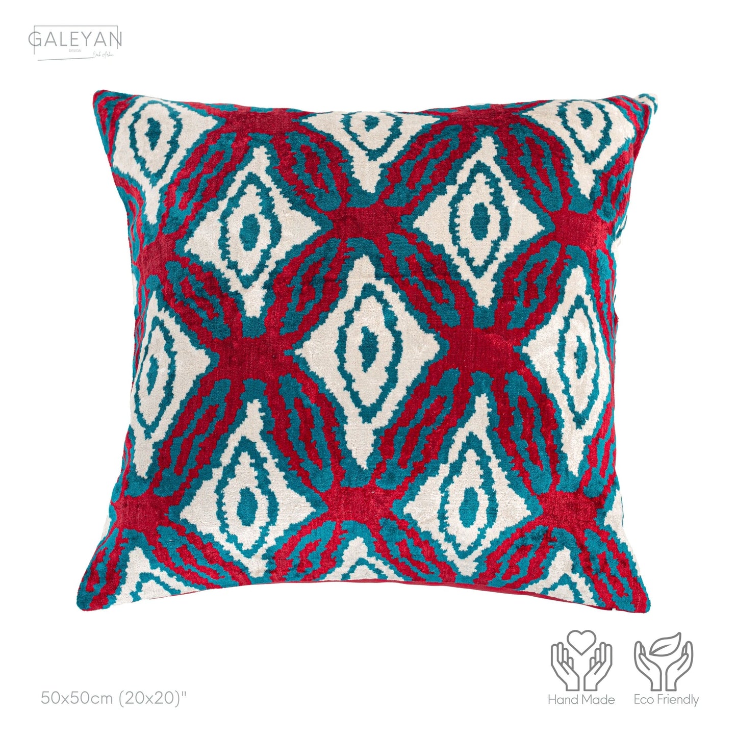 Luxury handmade ikat velvet pillow cover Turquoise Blue & Red & White