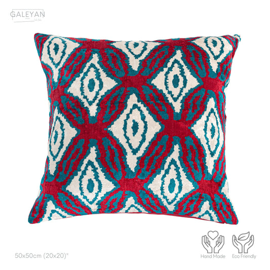 Luxury handmade ikat velvet pillow cover Turquoise Blue & Red & White