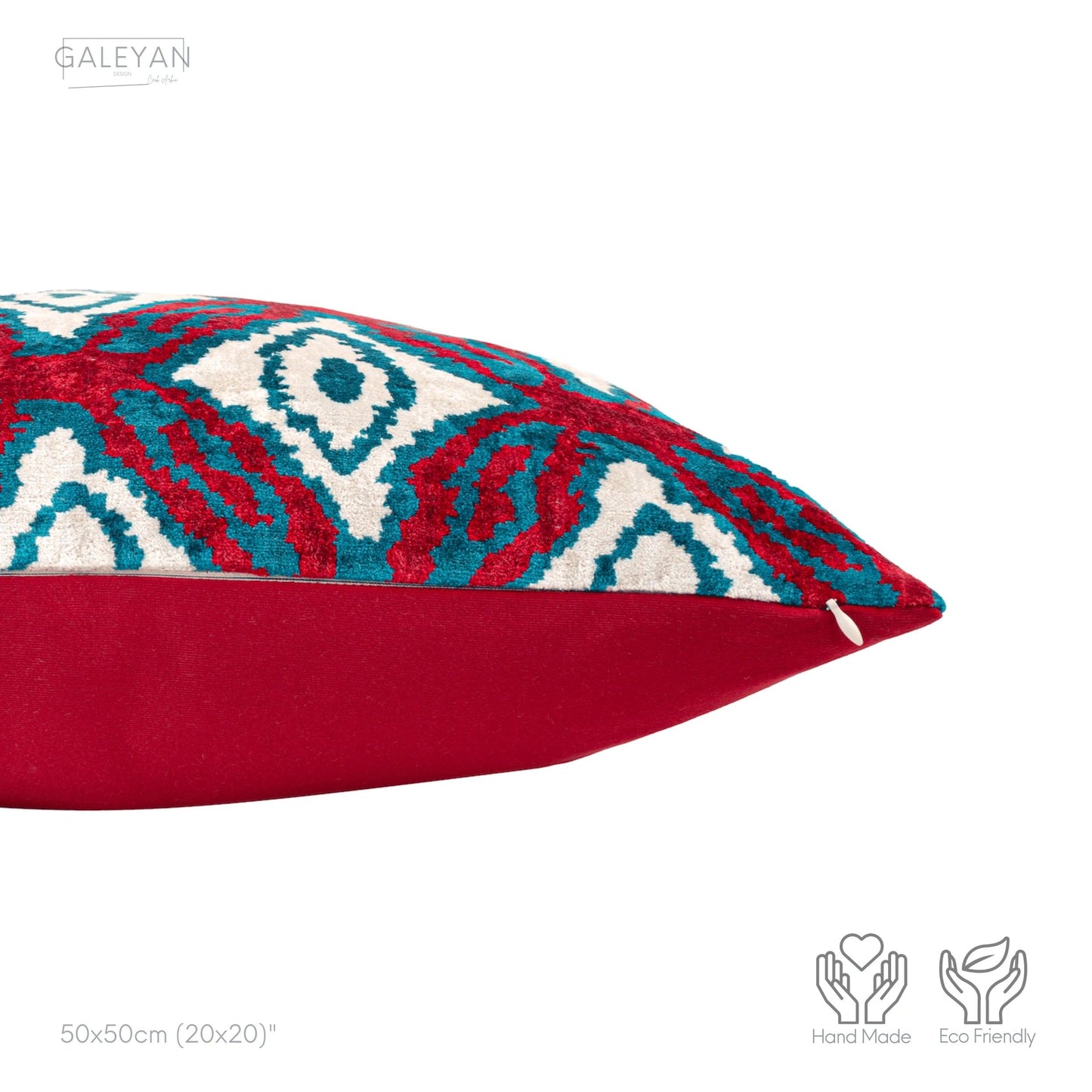 Luxury handmade ikat velvet pillow cover Turquoise Blue & Red & White