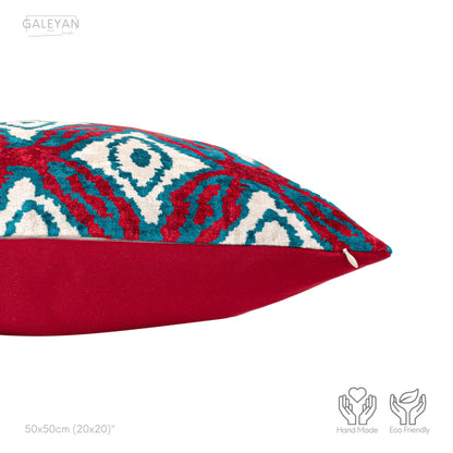 Luxury handmade ikat velvet pillow cover Turquoise Blue & Red & White
