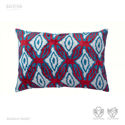Luxury handmade ikat velvet pillow cover Turquoise Blue & Red & White