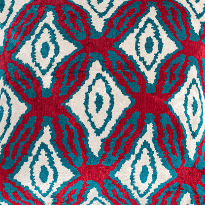 Luxury handmade ikat velvet pillow cover Turquoise Blue & Red & White