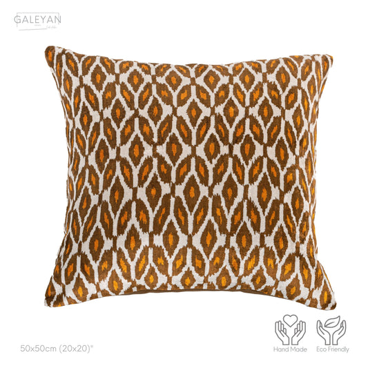 Luxury handmade ikat velvet pillow cover Brown & Orange & White