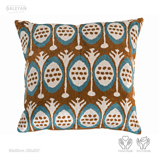 Luxury handmade ikat velvet pillow cover Brown & Turquoise Blue & White