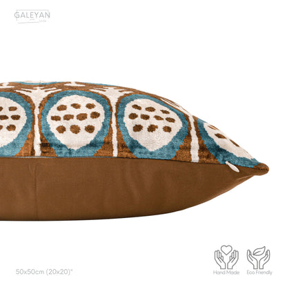Luxury handmade ikat velvet pillow cover Brown & Turquoise Blue & White