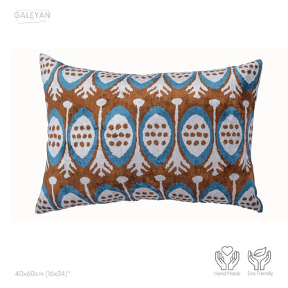 Luxury handmade ikat velvet pillow cover Brown & Turquoise Blue & White