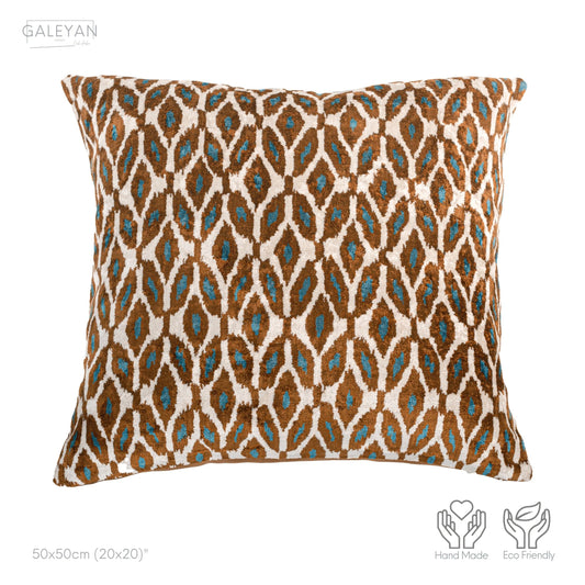 Luxury handmade ikat velvet pillow cover Brown & Turquoise Blue & White