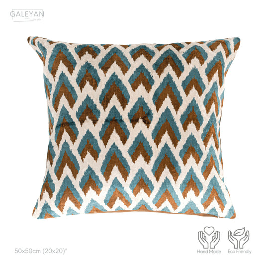 Luxury handmade ikat velvet pillow cover Brown & Turquoise Blue & White