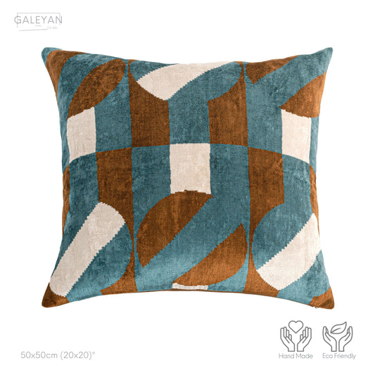 Luxury handmade ikat velvet pillow cover Brown & White & Turquoise Blue