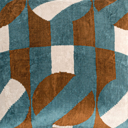 Luxury handmade ikat velvet pillow cover Brown & White & Turquoise Blue