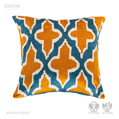 Luxury handmade ikat velvet pillow cover Yellow & White & Turquoise Blue