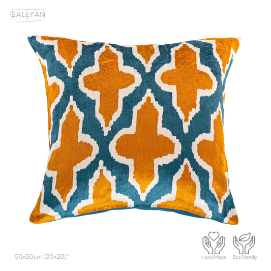 Luxury handmade ikat velvet pillow cover Yellow & White & Turquoise Blue