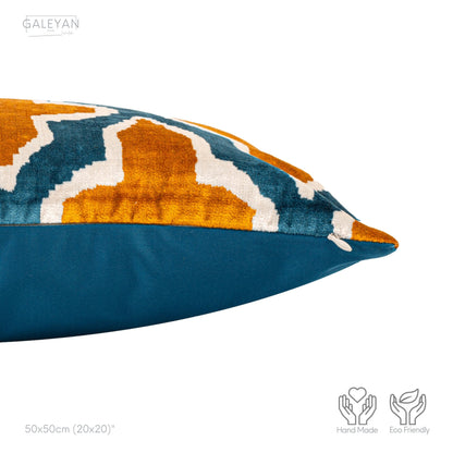 Luxury handmade ikat velvet pillow cover Yellow & White & Turquoise Blue
