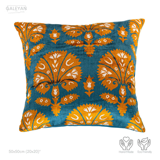 Luxury handmade ikat velvet pillow cover Orange & White & Turquoise Blue