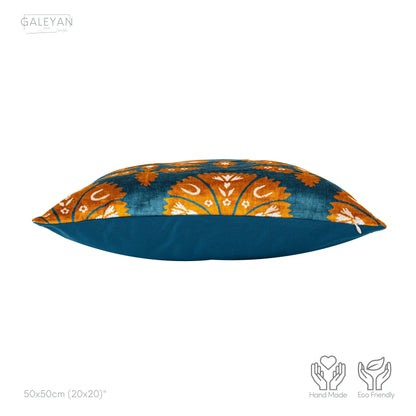 Luxury handmade ikat velvet pillow cover Orange & White & Turquoise Blue